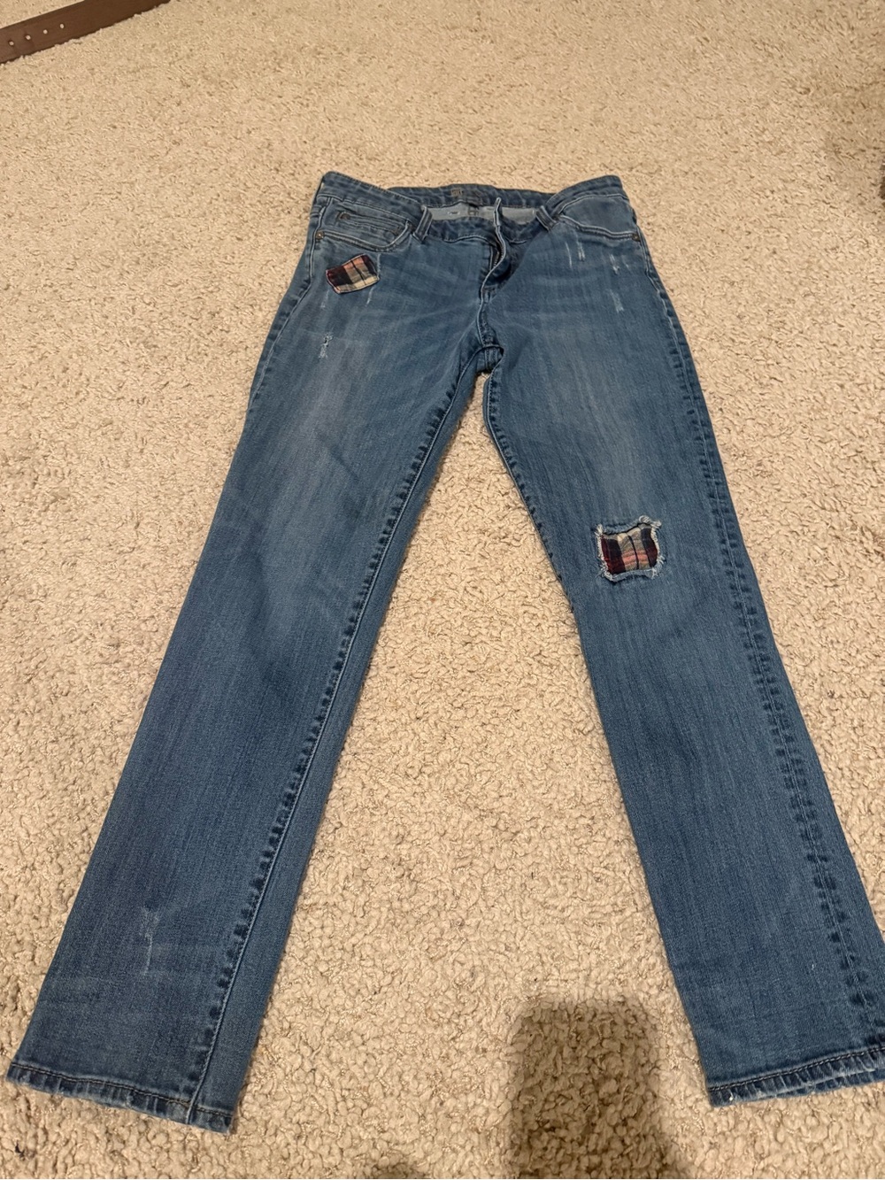 Kut from the Kloth Medium Blue Straight-Leg Jeans with Plaid Patch Detail
